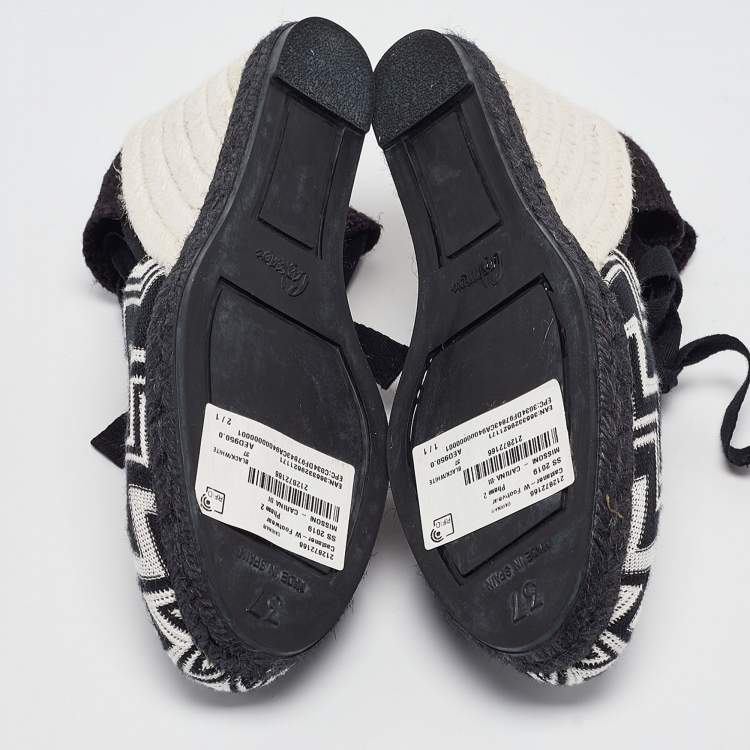 Pre Owned Missoni Black/White Fabric and Raffia Wedge Sandals Size 37
