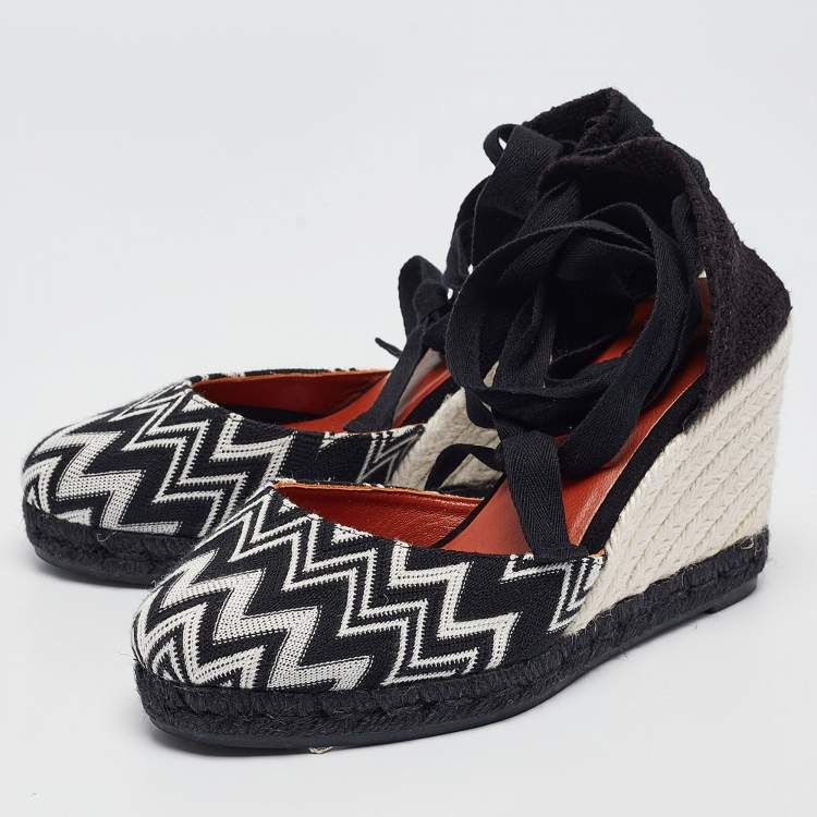 Pre Owned Missoni Black/White Fabric and Raffia Wedge Sandals Size 37