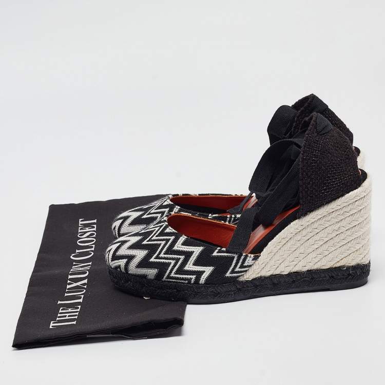 Pre Owned Missoni Black/White Fabric and Raffia Wedge Sandals Size 37
