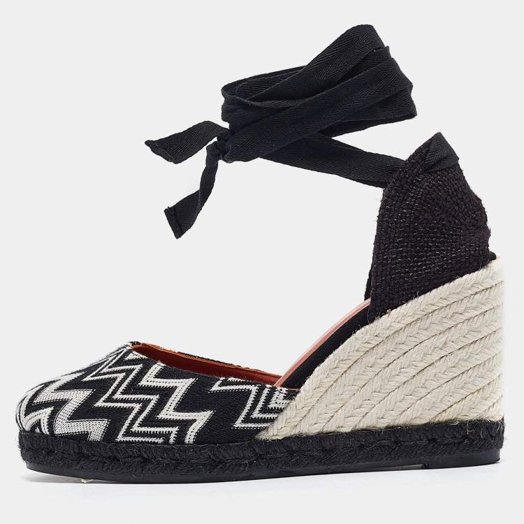 Pre Owned Missoni Black/White Fabric and Raffia Wedge Sandals Size 37
