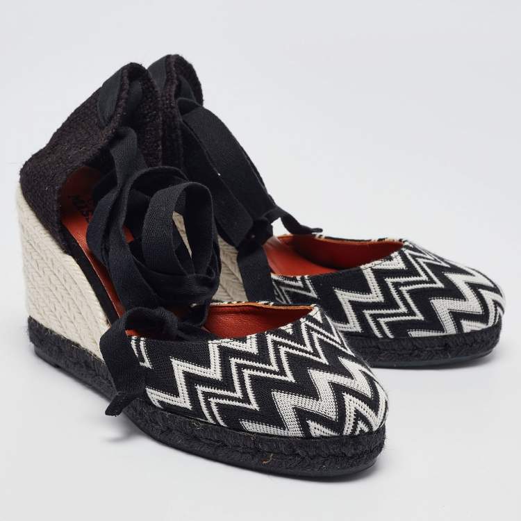 Pre Owned Missoni Black/White Fabric and Raffia Wedge Sandals Size 37