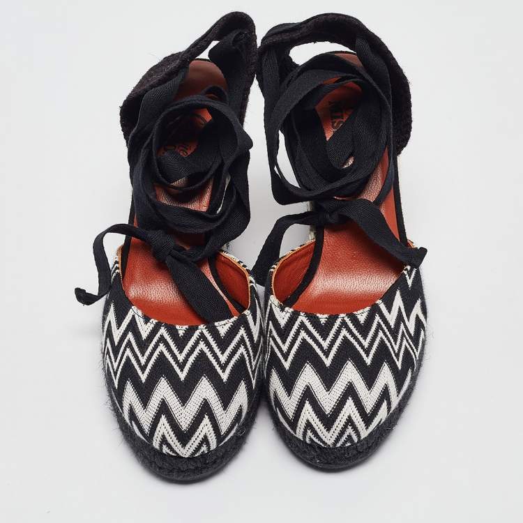 Pre Owned Missoni Black/White Fabric and Raffia Wedge Sandals Size 37