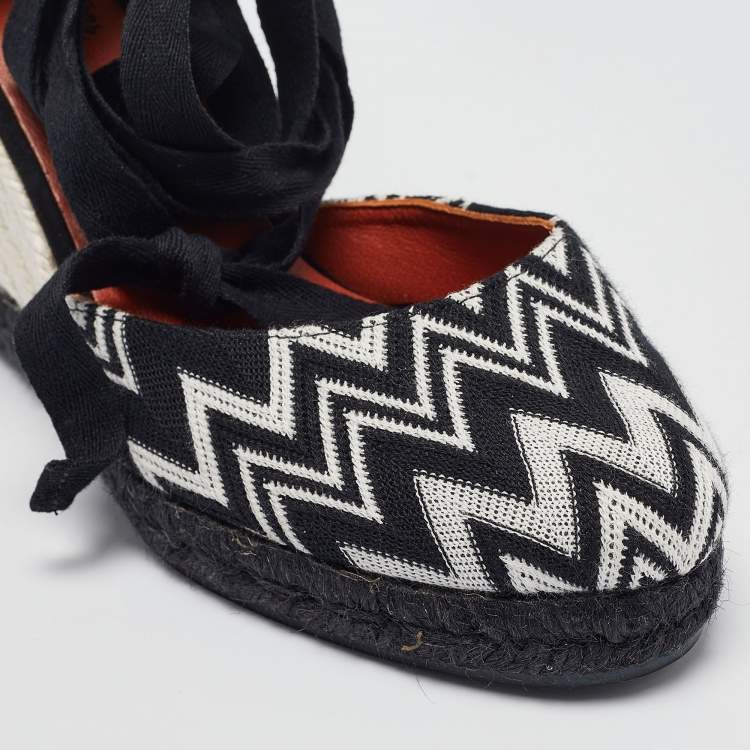 Pre Owned Missoni Black/White Fabric and Raffia Wedge Sandals Size 37