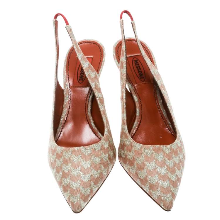 Pre Owned Missoni Peach Patterend Knit Fabric Pointed Toe Slingback Sandals Size 38.5