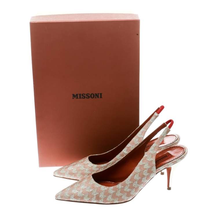 Pre Owned Missoni Peach Patterend Knit Fabric Pointed Toe Slingback Sandals Size 38.5