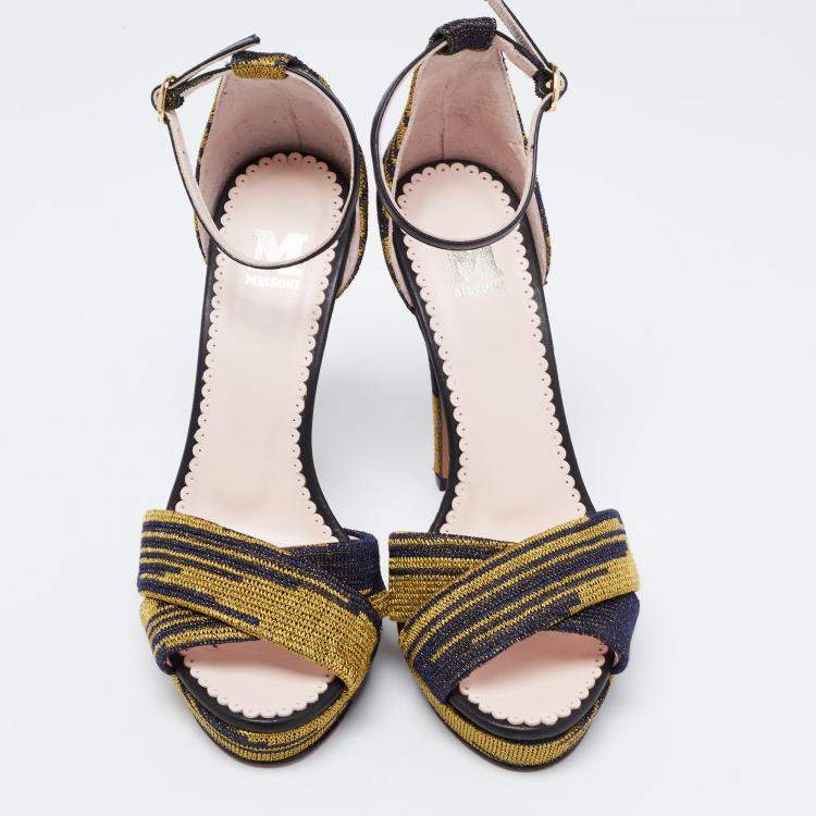 Pre Owned Missoni Two Tone Knit Fabric And Leather Trim Ankle Strap Platform Sandals Size 38