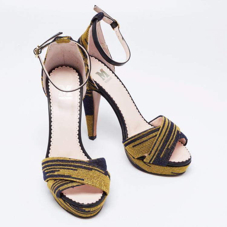 Pre Owned Missoni Two Tone Knit Fabric And Leather Trim Ankle Strap Platform Sandals Size 38
