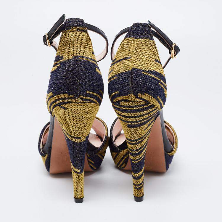 Pre Owned Missoni Two Tone Knit Fabric And Leather Trim Ankle Strap Platform Sandals Size 38