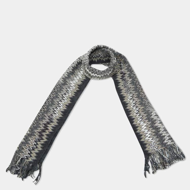 Pre Owned Missoni Grey Zig Zag Pattern Wool Knit Fringed Stole 
