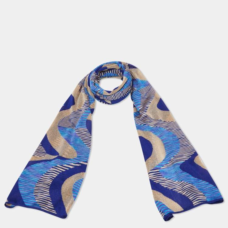 Pre Owned Missoni Blue Wavy Pattern Lurex Wool Stole 