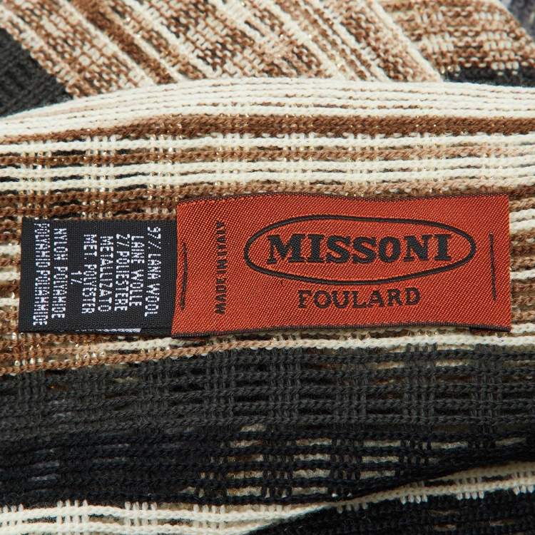 Pre Owned Missoni Beige/Black Striped Lurex & Wool Knit Fringed Stole 