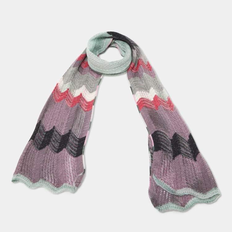 Pre Owned Missoni Sage Grenn/Purple Zig Zag Merino Wool Knit Stole 