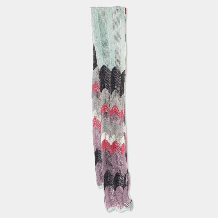 Pre Owned Missoni Sage Grenn/Purple Zig Zag Merino Wool Knit Stole 