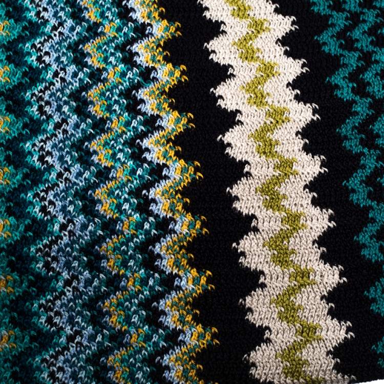 Pre Owned Missoni Multicolor Zig Zag Knit Fringed Wool Blend Scarf