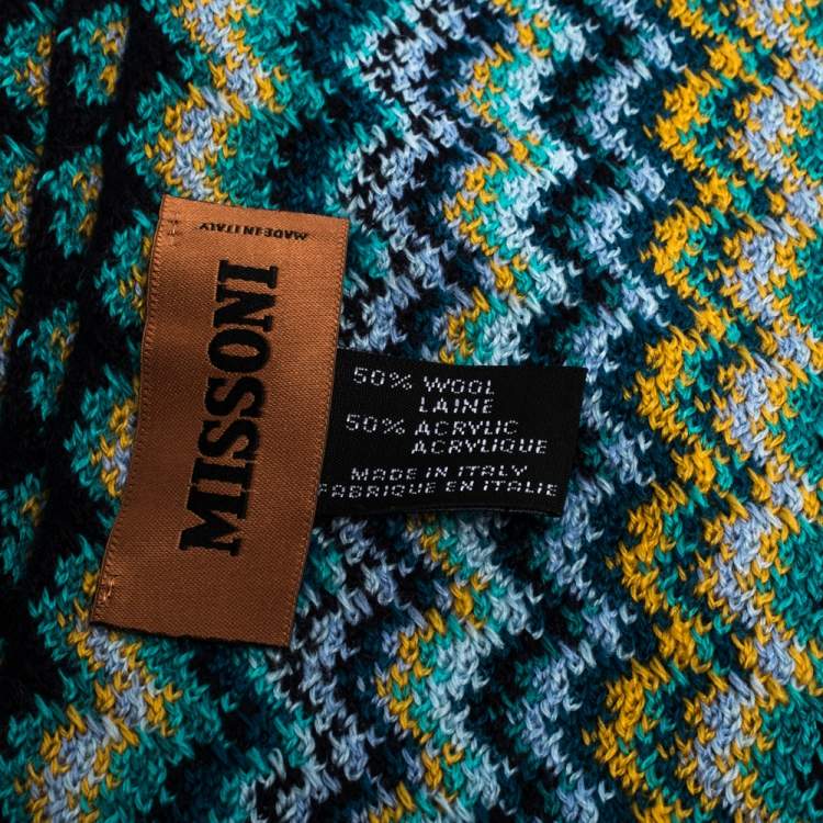 Pre Owned Missoni Multicolor Zig Zag Knit Fringed Wool Blend Scarf
