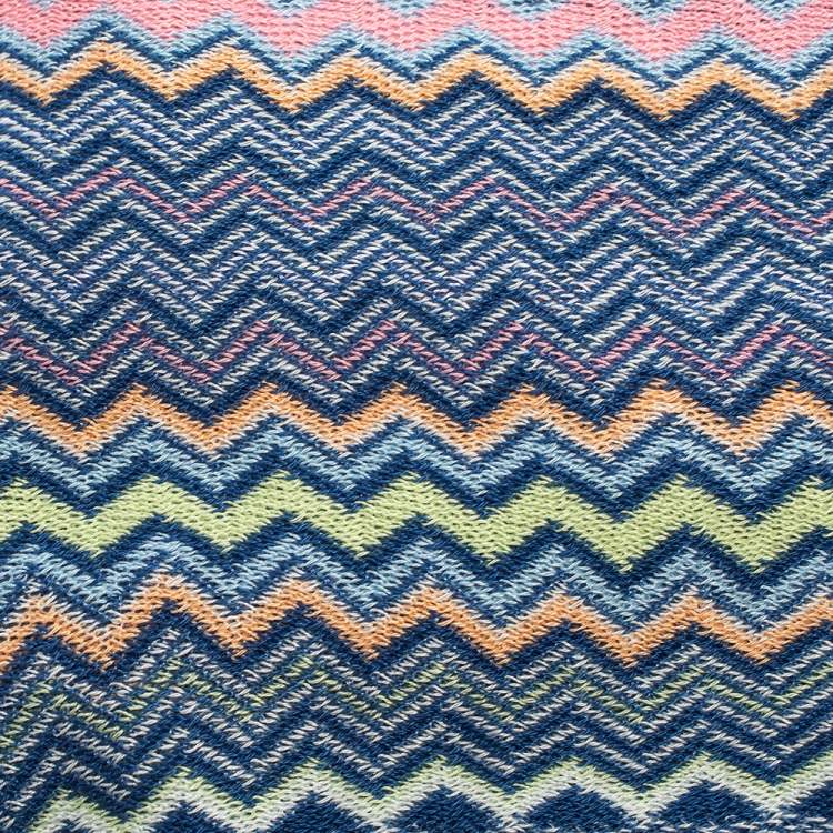 Pre Owned Missoni Blue Zig Zag Cotton Knit Fringed Scarf