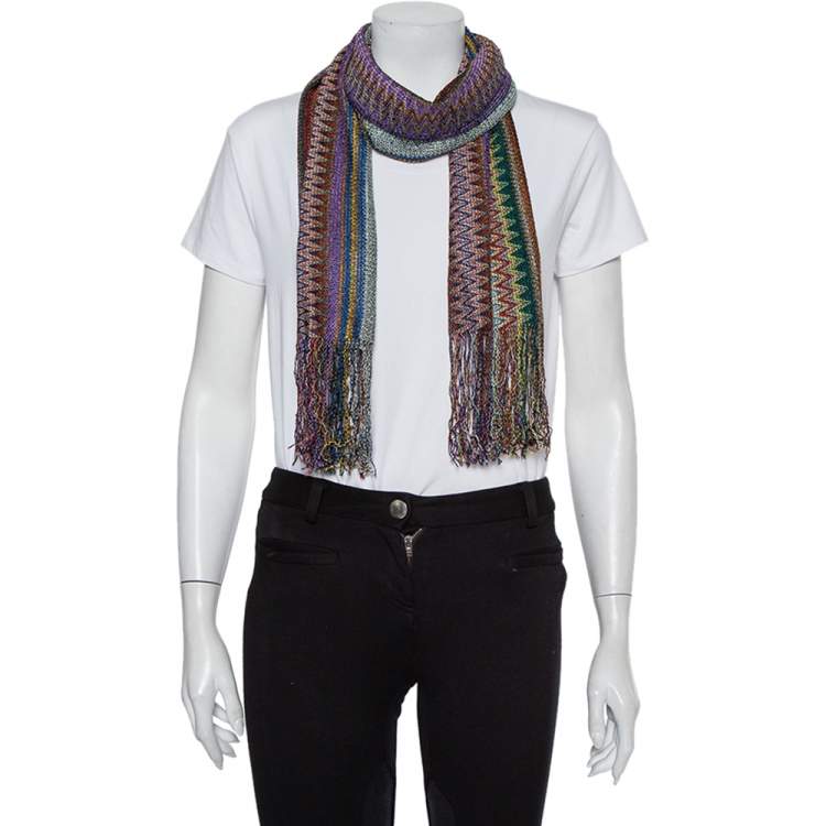 Pre Owned Missoni Multicolor Zig Zag Knit Fringed Scarf