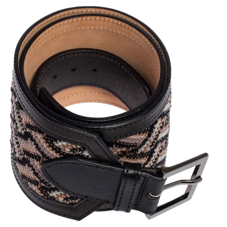 Pre Owned Missoni Black/Beige Fabric and Leather Trim Wide Waist Belt 75CM