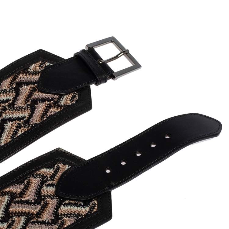 Pre Owned Missoni Black/Beige Fabric and Leather Trim Wide Waist Belt 75CM