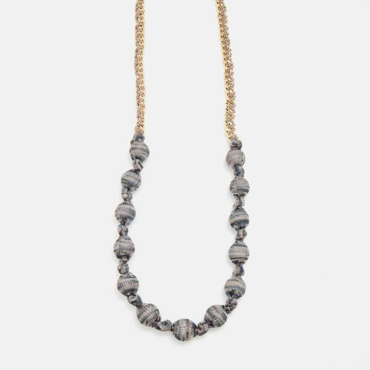 Pre Owned Missoni Vintage Gold Tone Crochet Knit Overlay Beaded Long Necklace
