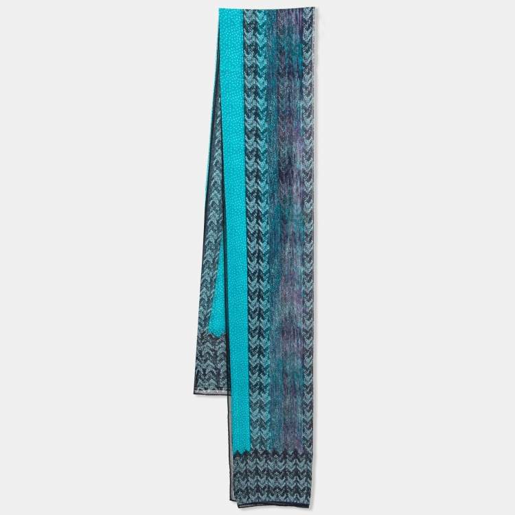 Pre Owned Missoni Blue Stripe Print Crepe Silk Scarf