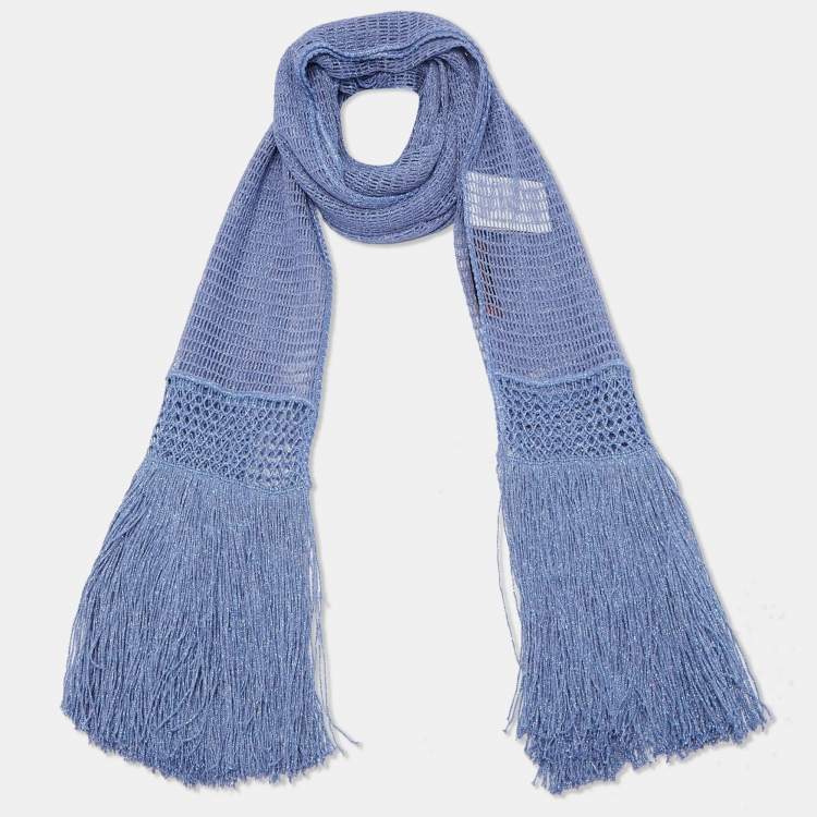 مملوكة مسبقًا Missoni Blue Lurex Crochet Knit Fringed Scarf