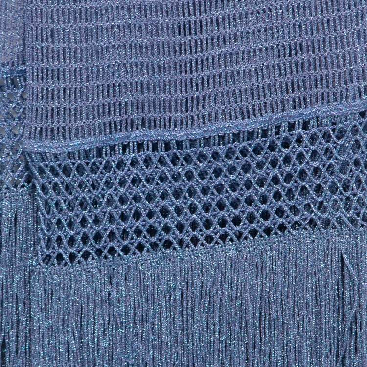 مملوكة مسبقًا Missoni Blue Lurex Crochet Knit Fringed Scarf