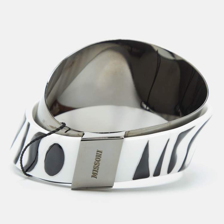 Pre Owned Missoni Monochrome Logo Resin Gunmetal Tone Cuff Bracelet