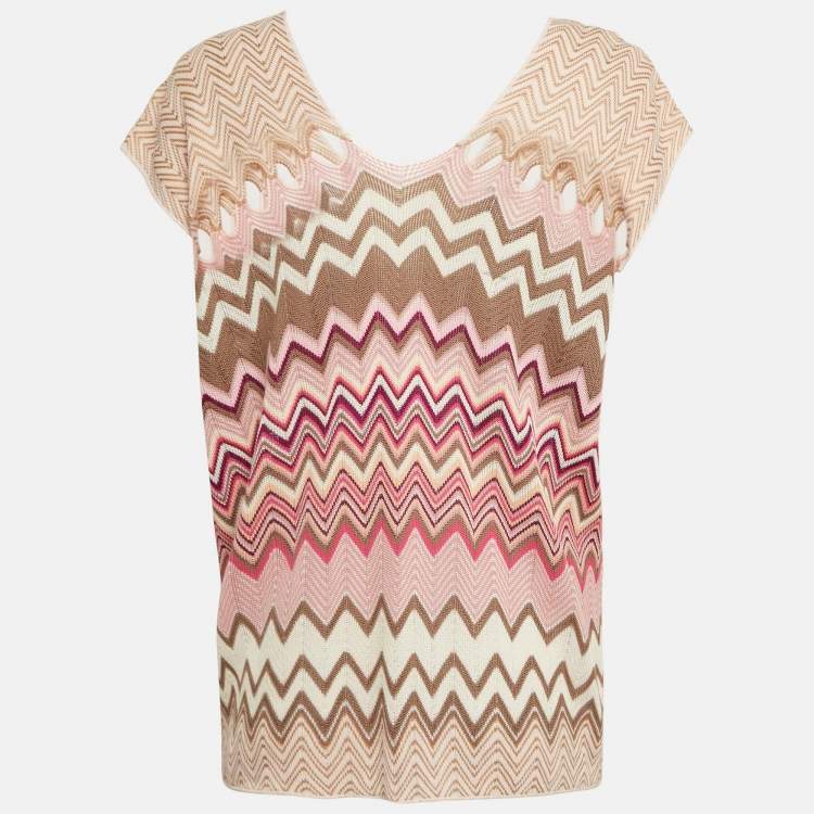 Pre Owned Missoni Pink Chevron Knit Cut-Out Detail Sheer Top M