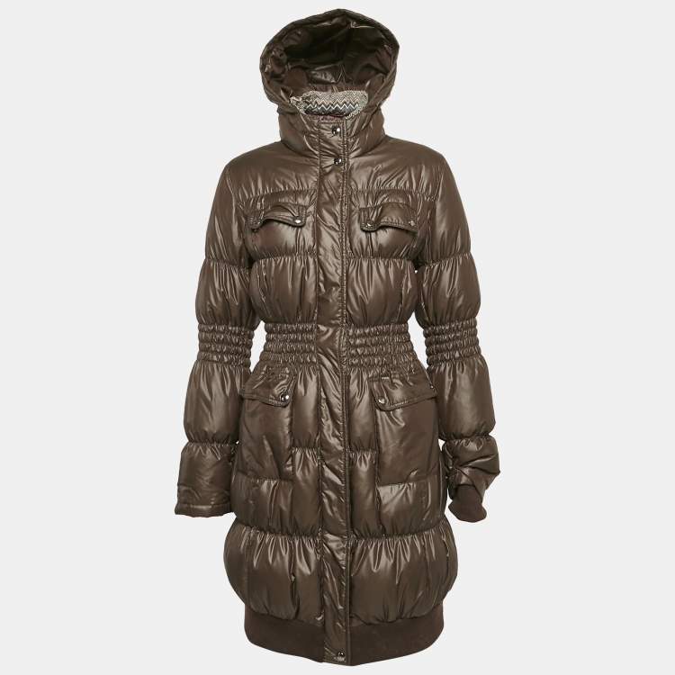 Pre Owned Missoni Olive Green Chevron Print Nylon Shirring Puffer Down Jacket M