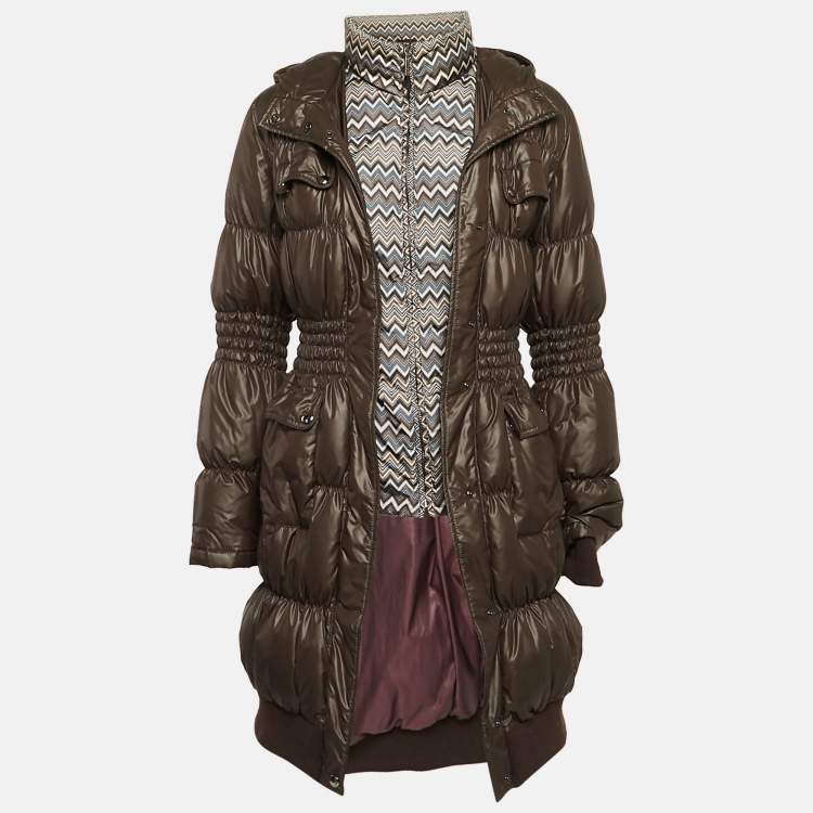 Pre Owned Missoni Olive Green Chevron Print Nylon Shirring Puffer Down Jacket M