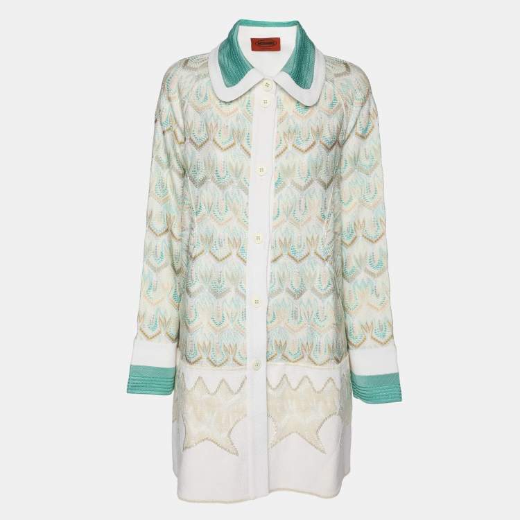 Pre Owned Missoni Green/Cream Wave Knit Button Down Long Cardigan S