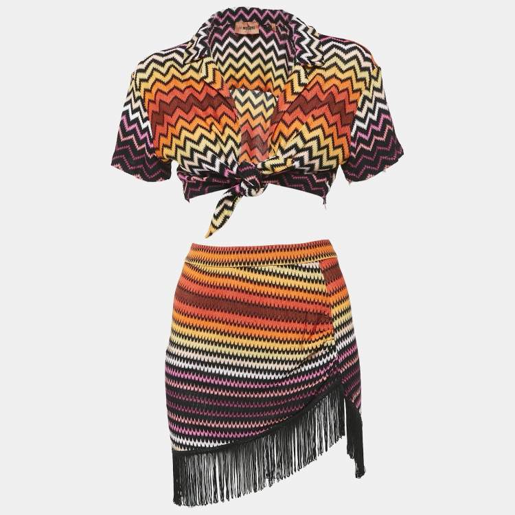 Pre Owned Missoni Orange Chevron Knit Tassels Detail Skirt Set S
