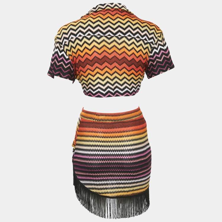 Pre Owned Missoni Orange Chevron Knit Tassels Detail Skirt Set S