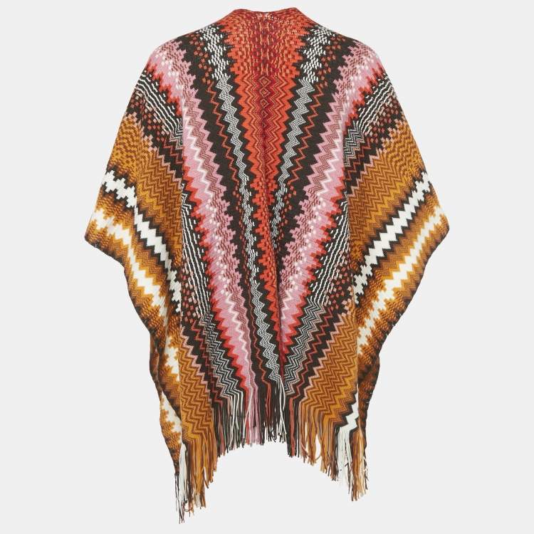 Pre Owned Missoni Orange Zigzag Knit Fringed Poncho One Size 