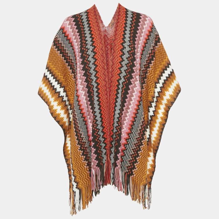 Pre Owned Missoni Orange Zigzag Knit Fringed Poncho One Size 