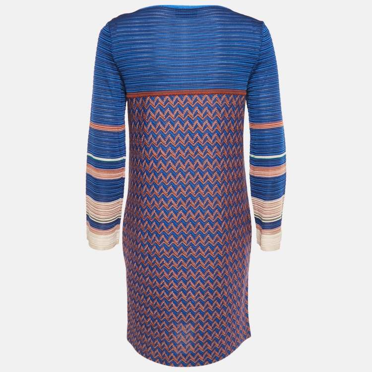 Pre Owned Missoni Blue Zig Zag Knit Mini Dress S