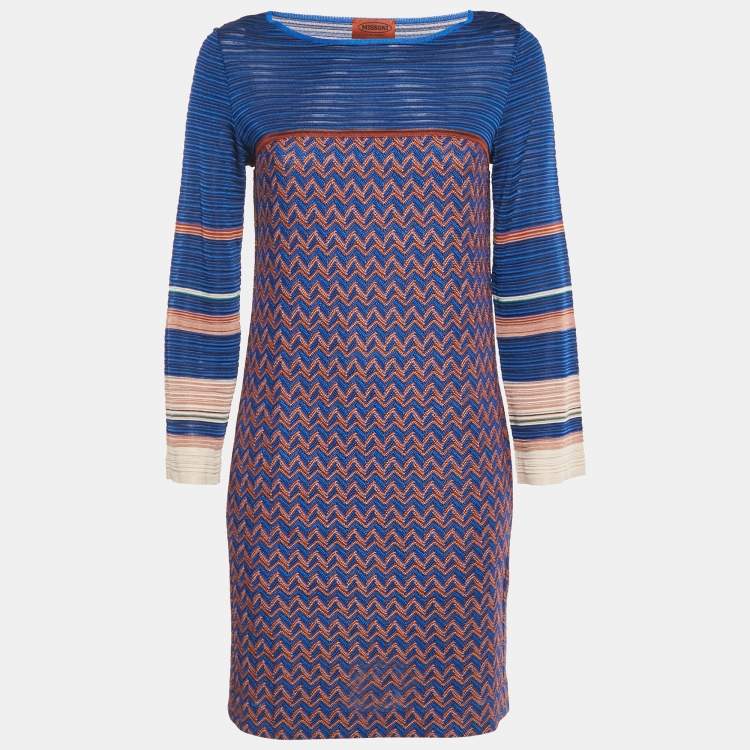 Pre Owned Missoni Blue Zig Zag Knit Mini Dress S