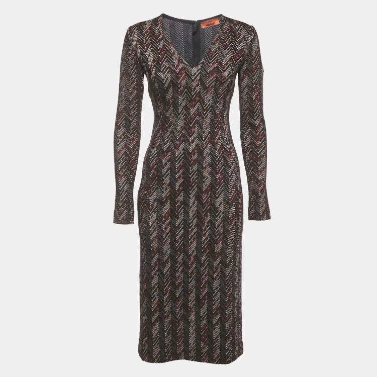 Pre Owned Missoni Black Zig Zag Knit V-Neck Sheath Dress S