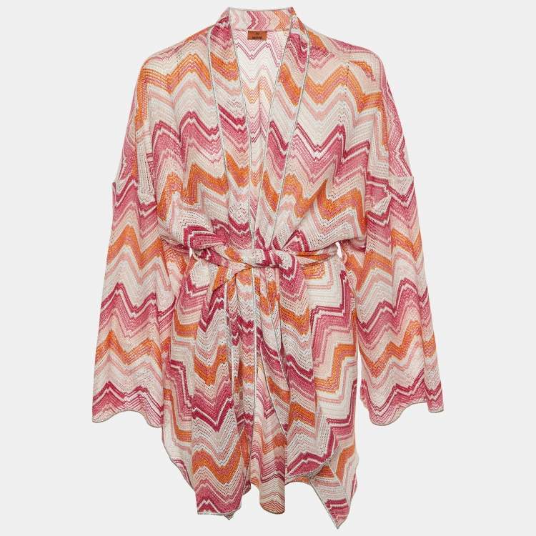 Pre Owned Missoni Pink Chevron Lurex Knit Belted Cardigan M