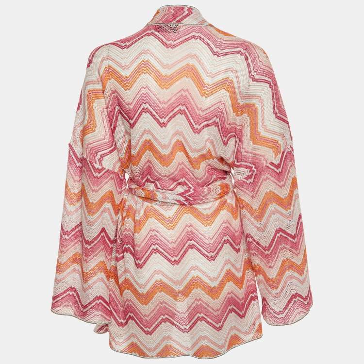 Pre Owned Missoni Pink Chevron Lurex Knit Belted Cardigan M