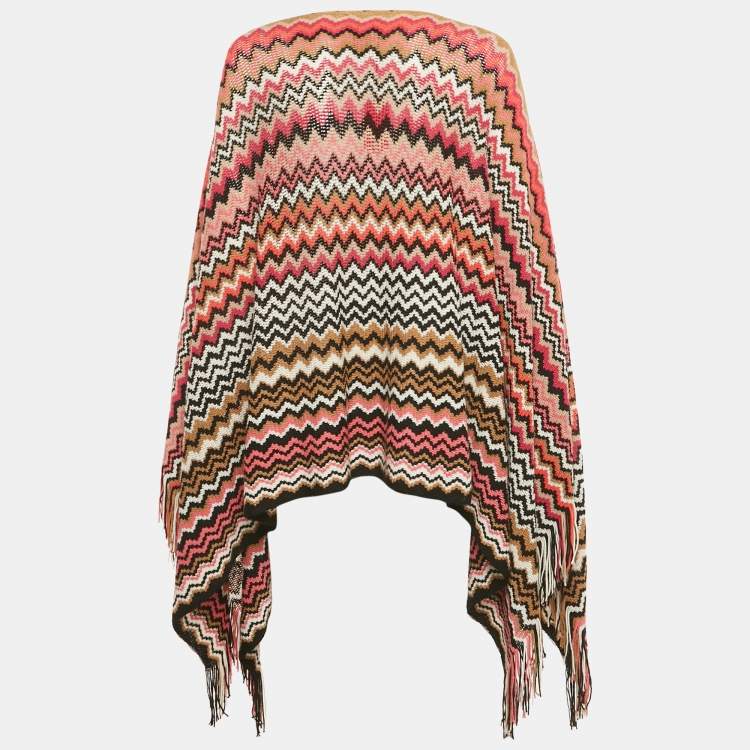 Pre Owned Missoni Multicolor Zig-Zag Wool Fringed Poncho One Size  