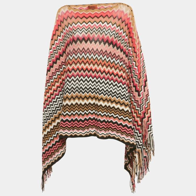 Pre Owned Missoni Multicolor Zig-Zag Wool Fringed Poncho One Size  