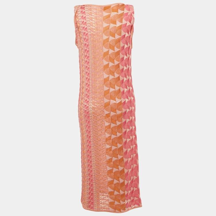 Pre Owned Missoni Pink/Orange Patterned Stretch Knit Midi Dress M