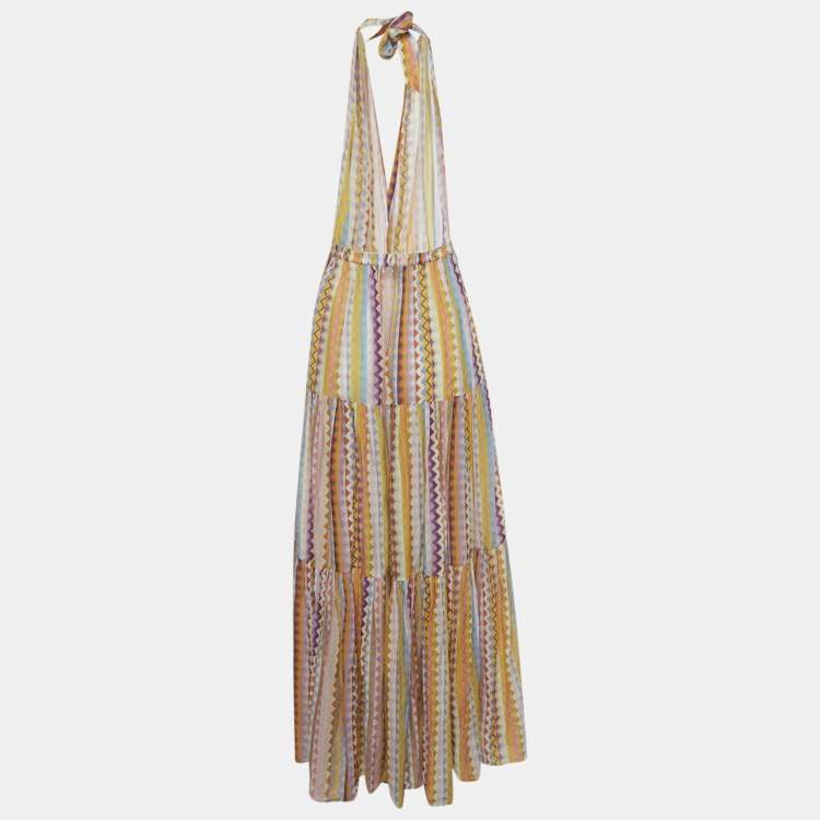 Pre Owned Missoni Multicolor Zig Zag Cotton Blend Halter Neck Sheer Maxi Dress S