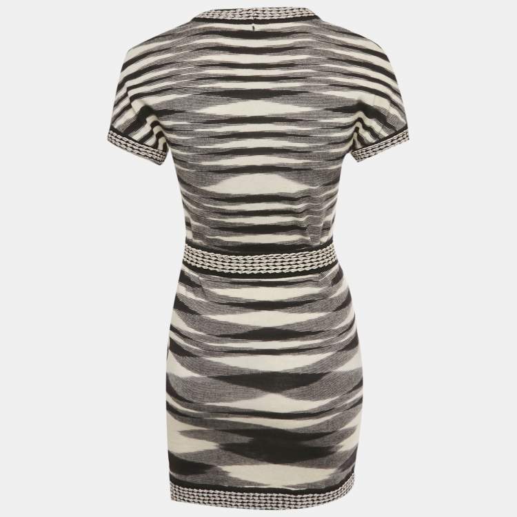Pre Owned Missoni Black & White Patterned Wool Knit Belted Mini Dress S