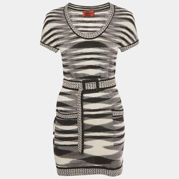 Pre Owned Missoni Black & White Patterned Wool Knit Belted Mini Dress S