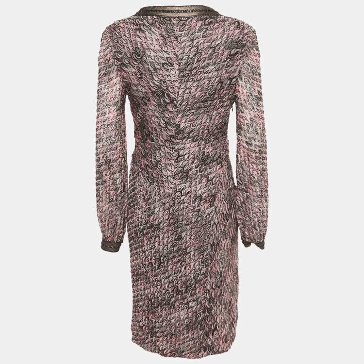 Pre Owned Missoni Pink Patterned Lurex Knit Faux Wrap Midi Dress L