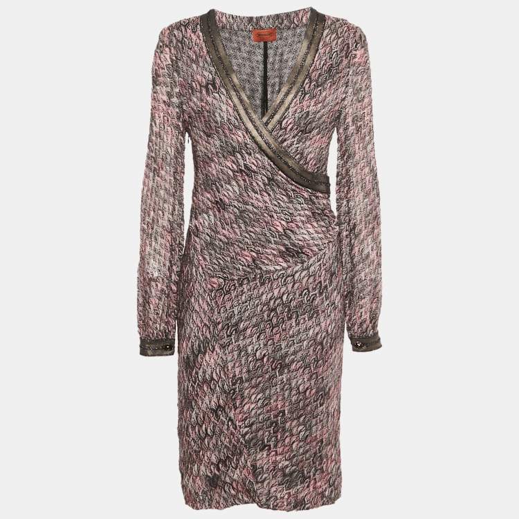 Pre Owned Missoni Pink Patterned Lurex Knit Faux Wrap Midi Dress L