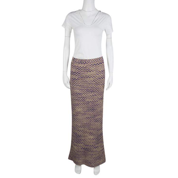 Pre Owned Missoni Beige Chevron Pattern Wool Maxi Skirt M
